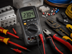 Professional electrical tools including a multimeter used by electricians to diagnose electrical faults in London