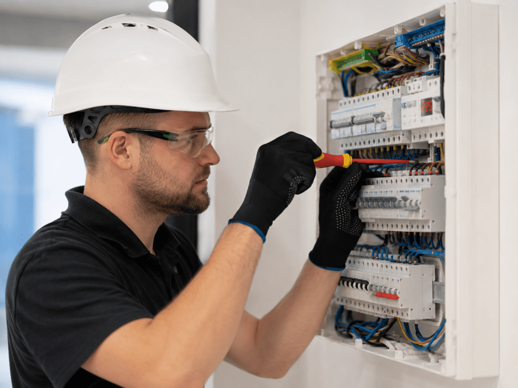 A certified London electrician testing a domestic consumer unit to ensure electrical safety