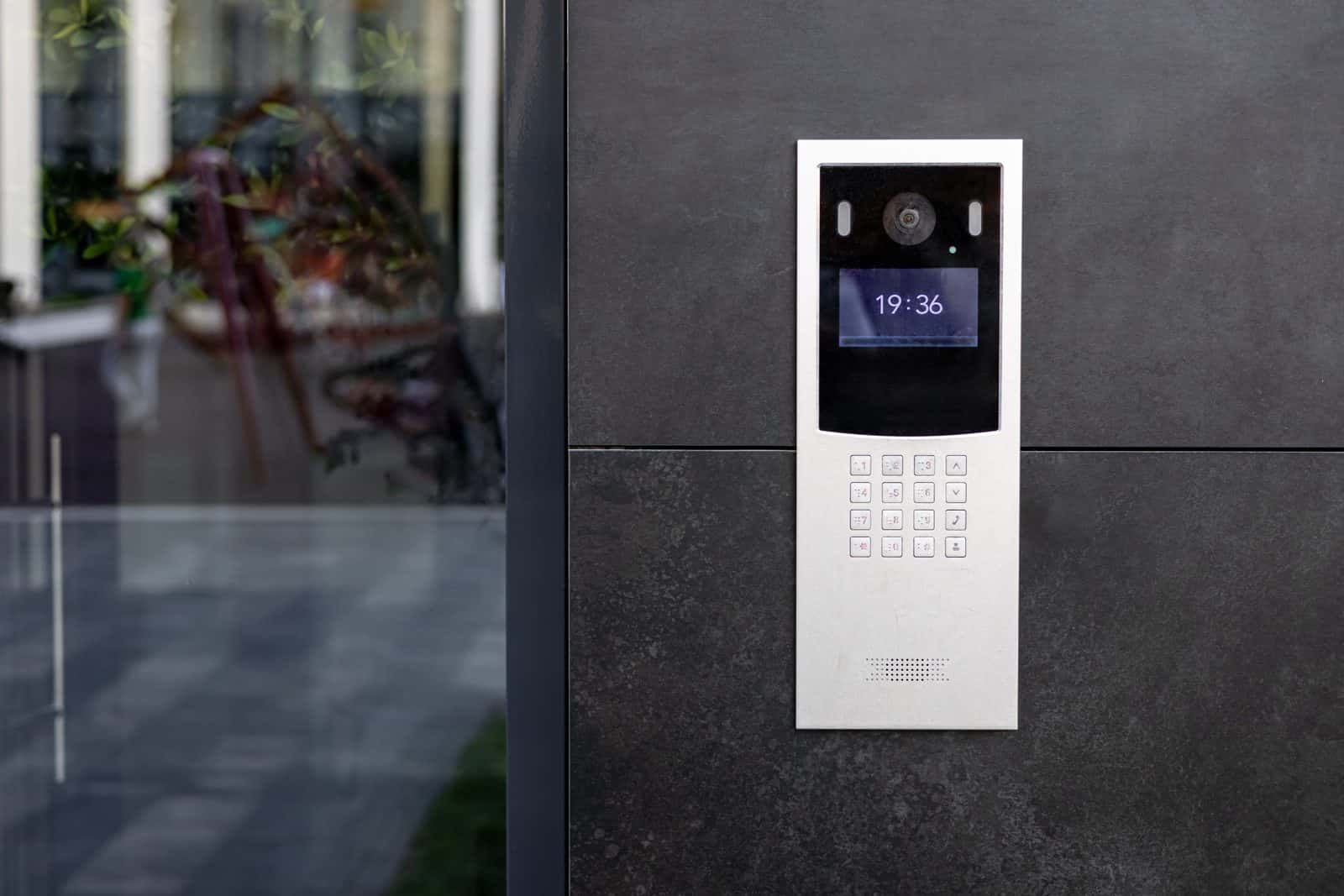 Modern video intercom installed at a commercial property entrance in London